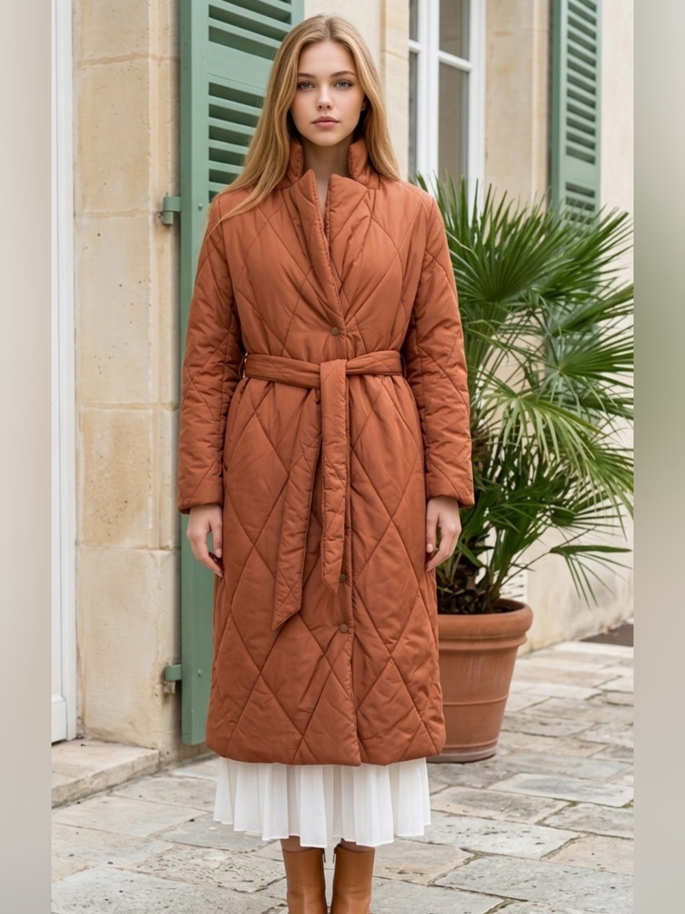 Quilted Belted Long Coat in Rust